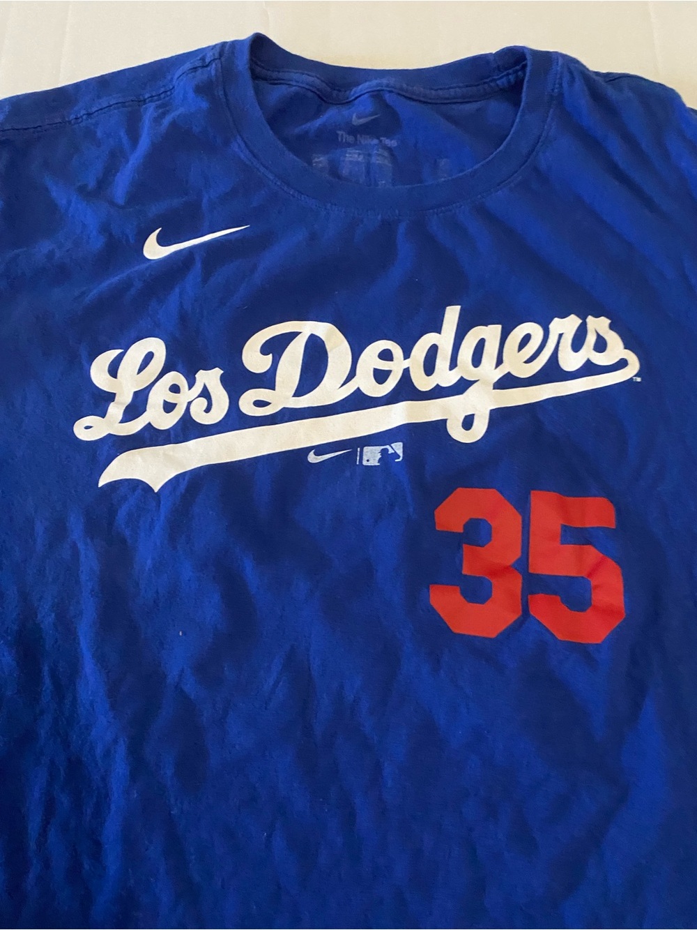Nike Los Dodgers Royal Blue Tee with Red 35 Cody Bellinger XXL 25” armpit